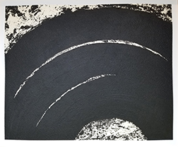 Photo of Richard Serra's etching "Paths and Edges #12." Image depicts a portion of three circle swaths of black on a mottled black and white background.