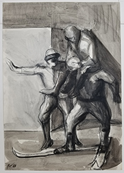 Photo depicts James Weeks "Comedians - The Explorers." Image depicts 3 figures: one sitting on the shoulders of another on skis and the third with an arm spread out and mouth open as if yelling.
