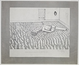 Photo of William Wiley's drawing "Cheap Mystery." Image depicts a giant revolver on the floor of a room with a busy rug.