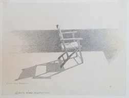 Photo of Mary Robertson's drawing "Chair." Image depicts a side view of a folding chair in the sunlight with a shadow of the chair behind it.