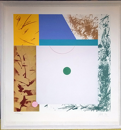 Photo of Hassel Smith's lithograph "Magnolia I." Image depicts an abstract work with blocks of color and design. The largest and central block has a small green circle surrounded by a light grey square.