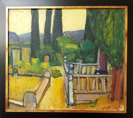 Photo of Hassel Smith's painting "Sonoma Graveyard." Image depicts graveyard fencing and headstones surrounded by trees and bushes.