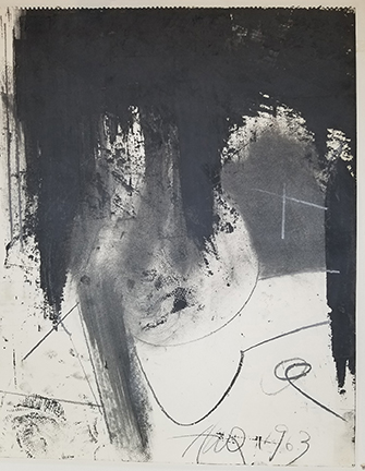 Photo of Hassel Smith's drawing "Untitled (black top abstract)." Image depicts lines, squiggles, curves and smears of grey and light black over the lower 3/4s. The top is dark black with 3 smears running lower down.