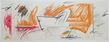 Photo of Hassel Smith's drawing "Untitled (brown and red." Image depicts an absract work with red and brown pastel areas and graphite lines and squiggles.