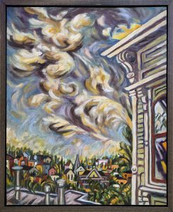 Helen Berggruen's oil on canvas painting of swirling clouds above a cityscape and a corner of a house in the foreground.