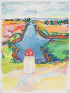 Diana Krevsky's gouache and watercolor shows a brightly colored landscape with a blue salt pond in the center and agriculture along the edge. A white salt shaker with a red top sits in the forefront.