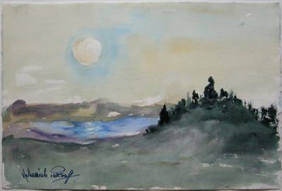 Nehemiah Persoff's watercolor titled  Solstice Moon depicts a landscape with a tree lined hill, a lake, and soft moon in the sky.