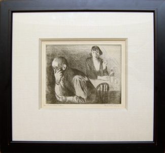 Raphael Soyer's Furnished Room etching on paper depicts a seated bearded man leaning forward onto his arm and a woman seated in the background.