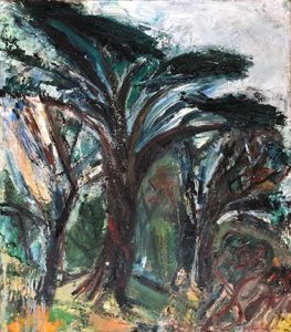 William Wheeler's Golden Gate Park oil on linen painting of tall dark trees with a blue grey sky.