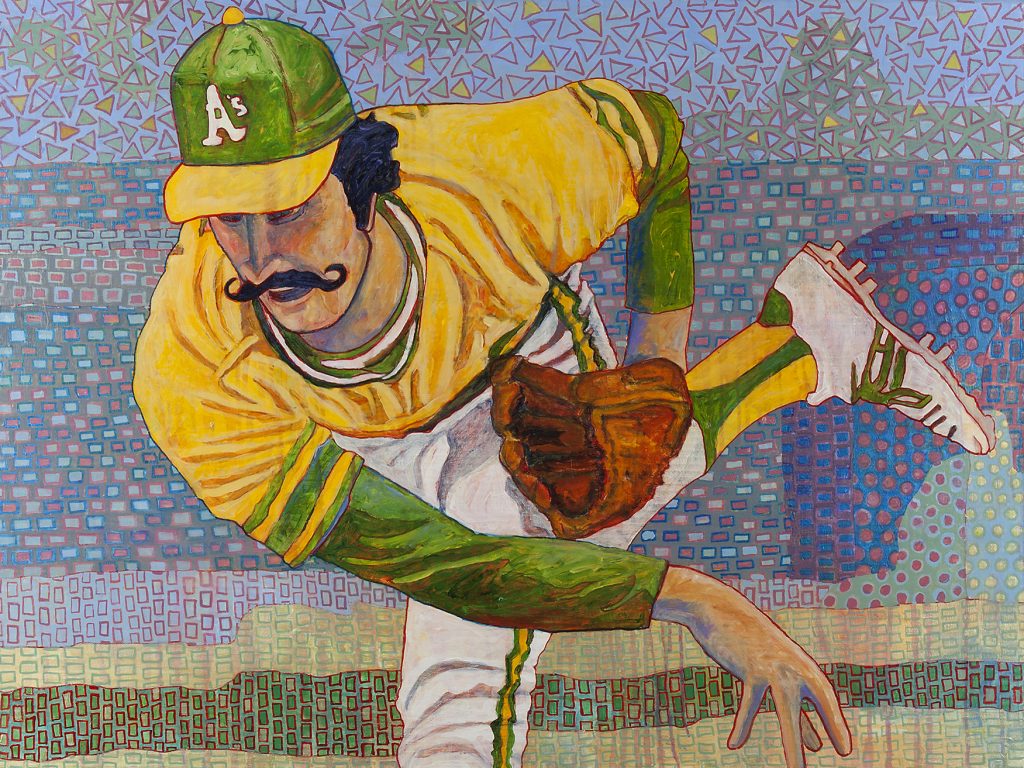 Toby Tover painting of an Oakland A's pitcher mid throw.