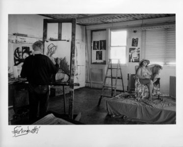Black and white photograph of poet and artist Lawrence Ferlinghetti in his studio with a model by Christopher Felver.