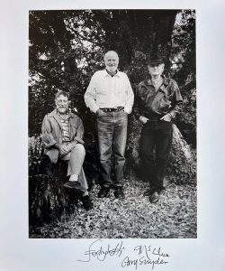 Black and white photograph of three poets Lawrence Ferlinghetti, Michael McClure & Gary Snyder by Christopher 
Felver.