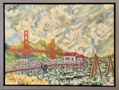 Impressionistic oil on linen painting of the Golden Gate Bridge and a marina over the bay.