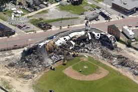 Aerial photo of baseball stadium being demolished.