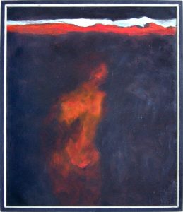 Abstract oil on canvas painting of dark background with a hint of a human figure in red and orange tones.