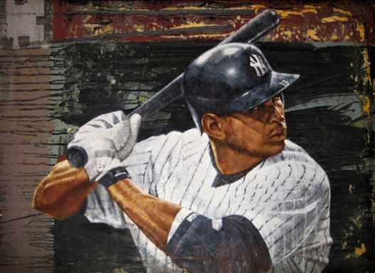 Photo of Eric Grbich's painting "A Rod." Artwork depicts Alex Rodriguez, A Rod, from the arms up, in batting position, waiting to swing.