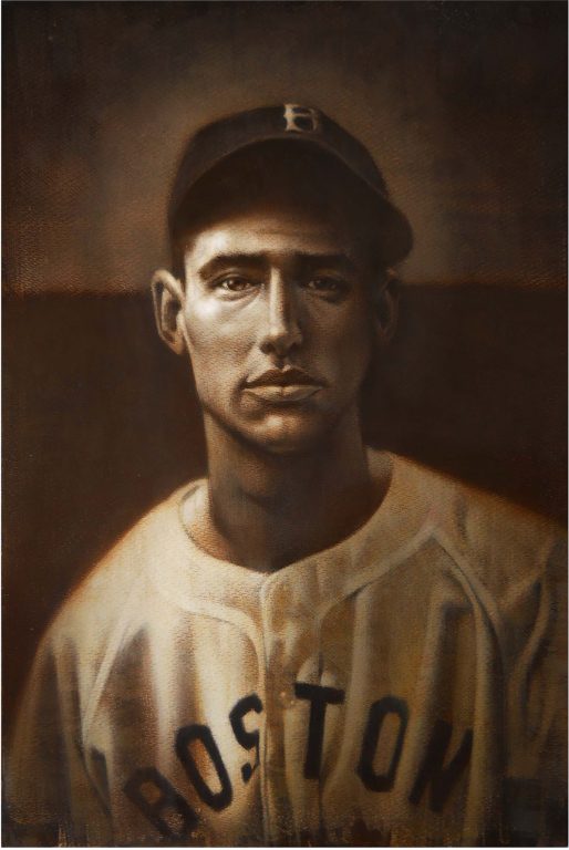 Photo of Eric Grbich's painting "Ted Williams, Rookie." Artwork depicts a young Ted Williams in his Boston jersey from the chest up. Colors mimic sepia toning.