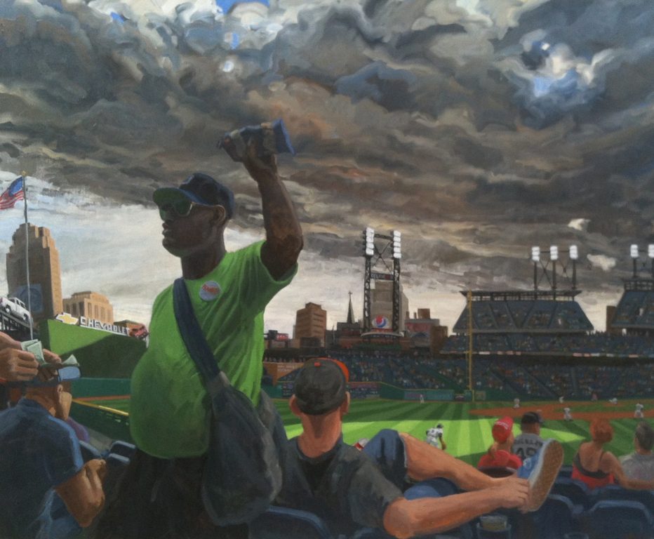 Max Mason's painting of a vender selling food at a baseball game.