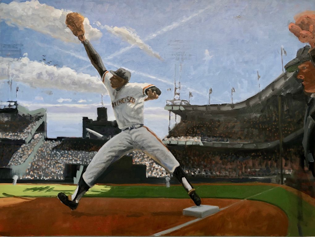 Max Mason's painting of a baseball player stretching to catch a ball.