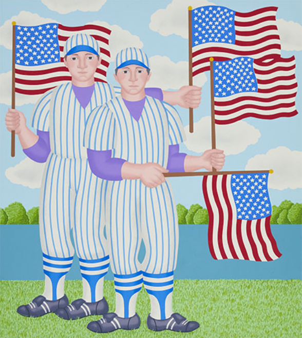 Painting of three baseball players holding American flags in front of a baseball stadium's outfield wall and blue sky with white clouds.