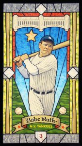 Arthur Miller painting titled Babe Ruth Saints of the Game series 1. Mixed media on canvas mounted to board. Depicts Babe Ruth swinging a bat in a Yankee's uniform with a stained glass style background with baseballs, bases, and a banner with his name.