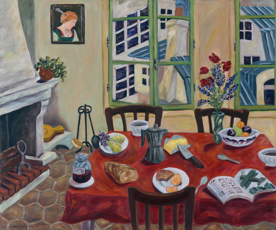 Painting of a set dining table with tablecloth, fireplace to the side, a portrait on the wall, and a town outside of a window.