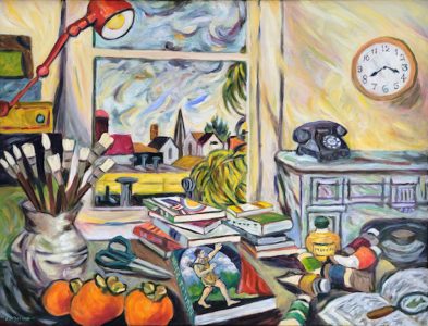 Painting of a desk in a room with a wall clock, books, paint tubes, phone, paint brushes, and a town view through a window.