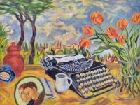 Painting of a typewriter, portraits, vase with flowers, and sky