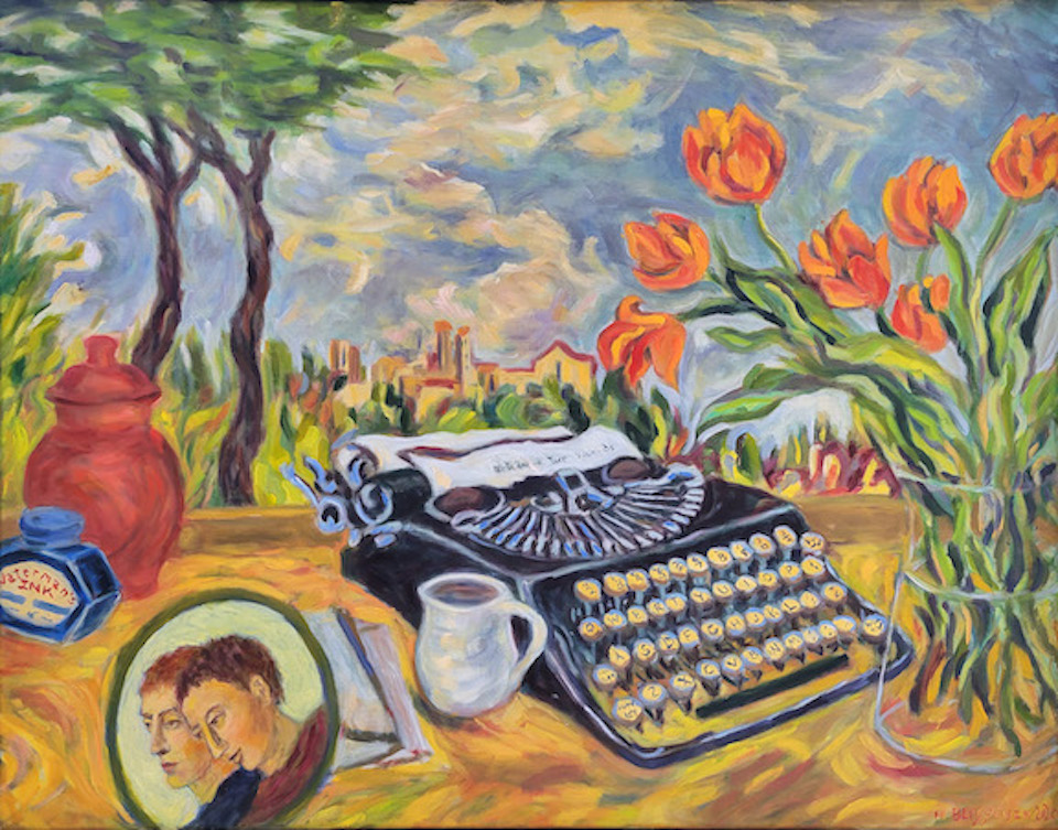 Painting of a typewriter, portraits, vase with flowers, and sky