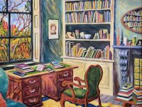 Painting of a study with a desk, bookshelf, fireplace and window