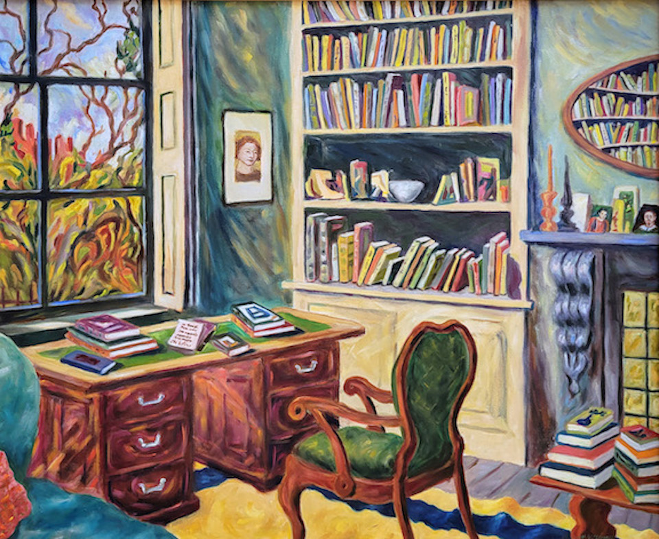 Painting of a study with a desk, bookshelf, fireplace and window