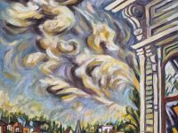 Panting of the top corner of a Victorian house, a town in the background and wavy clouds