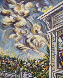 Panting of the top corner of a Victorian house, a town in the background and wavy clouds