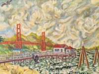 Painting of the Golden Gate Bridge over a pier with white buildings and bay waters