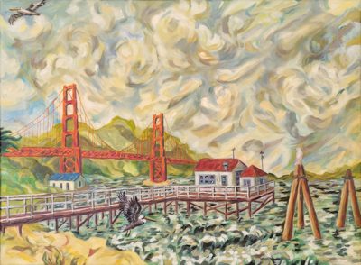 Painting of the Golden Gate Bridge over a pier with white buildings and bay waters