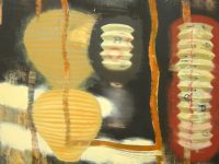 Large panting with an abstract black red and cream background, orange rectangles, and paper lanterns