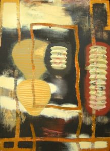Large panting with an abstract black red and cream background, orange rectangles, and paper lanterns