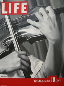 Panting replica of a vintage Life magazine cover of hands playing a string instrument