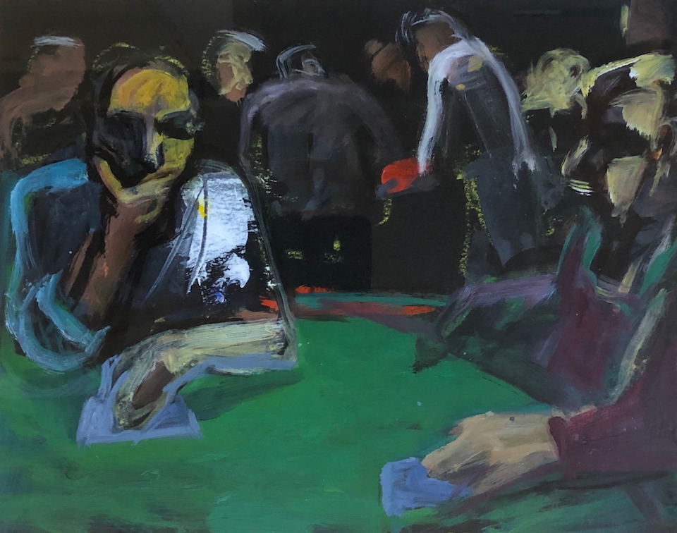 Painting of figures playing a Blackjack game