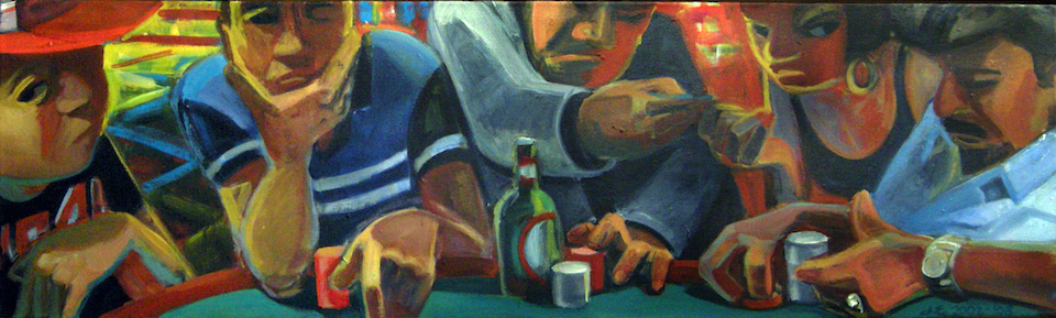 Painting of a group of poker players at a table.