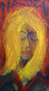 Painting of a woman with closed eyes, yellow hair, red background, and the name Nadja above