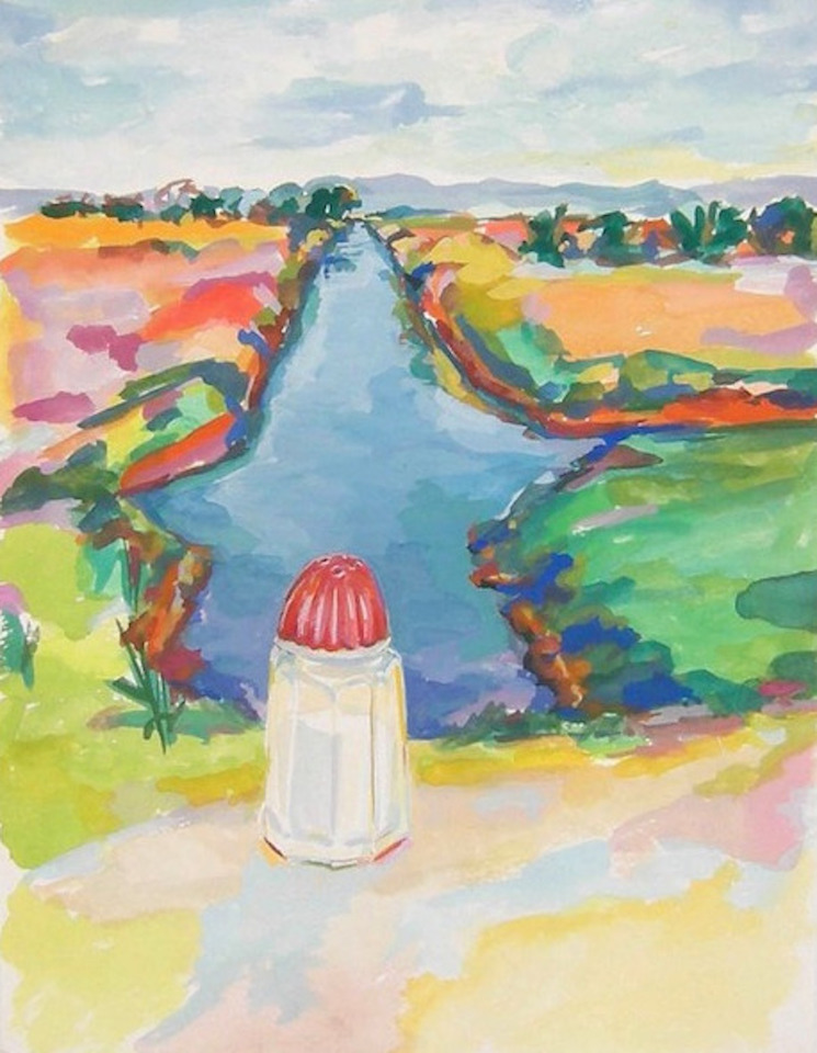 Painting of agricultural fields split by a blue water pond. A salt shaker is in the foreground.