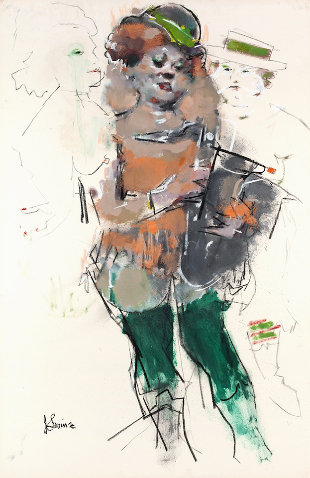 Mixed media depiction of a girl wearing an orange band uniform and a green hat, carrying a brass instrument. Two additional figures are sketched in the background.