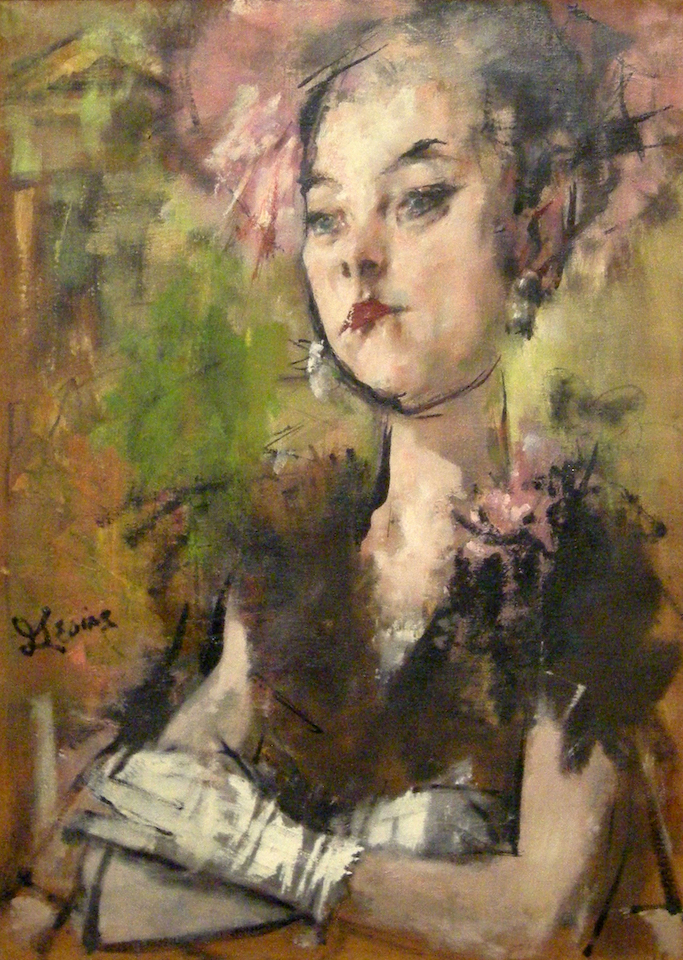 Oil painting of a girl wearing a pink hat with her gloved arms crossed in front of her