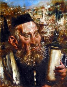Oil painting of a religious man holding a scroll