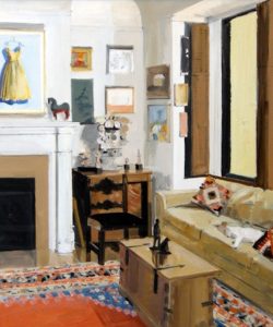 Painting of a living room with a rug, fireplace, window, and artworks on the walls.