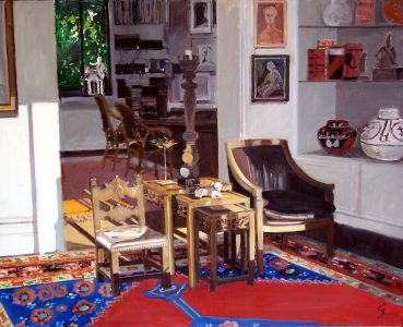 Oil painting of a living room with a rug, nestling tables, chairs, and artworks. An office with a window, desk and chairs is in the background.