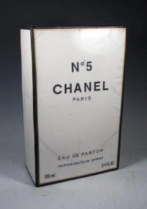 Ceramic replica of a white Chanel No. 5 box with black outline