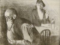 Etching of a pensive man and woman sitting at a table with a bottle.