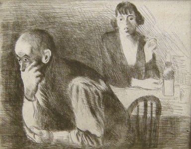 Etching of a pensive man and woman sitting at a table with a bottle.